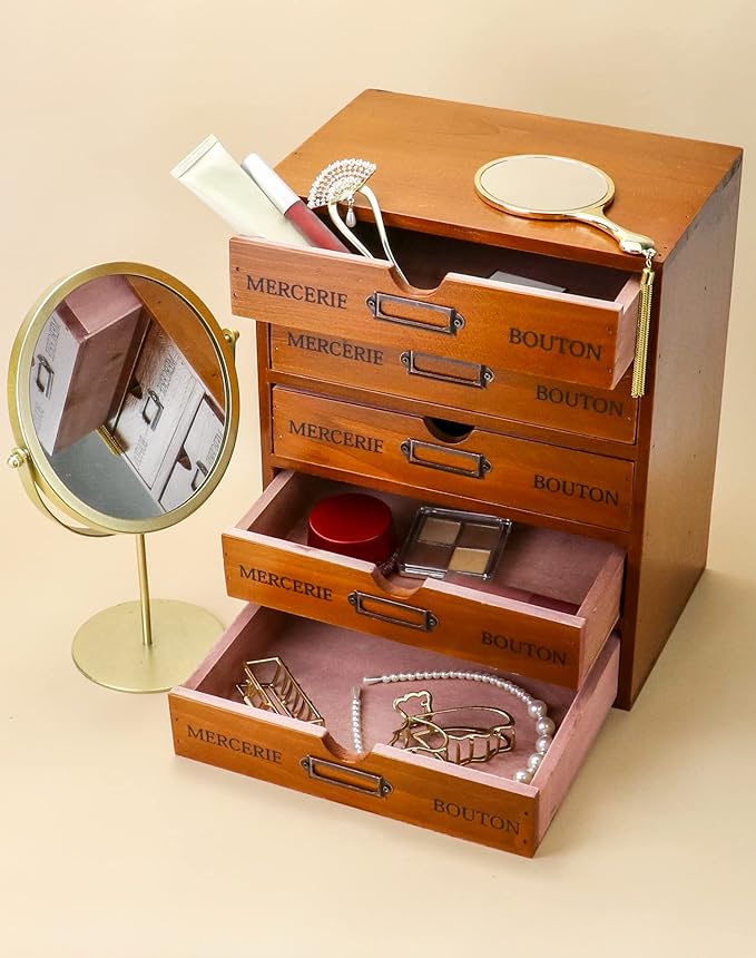 QWORK Vintage Wooden Home Office Desk Organizer with 5 Drawers - Rustic Desktop Storage Box for Jewelry, Cosmetics, Craft Paper & More