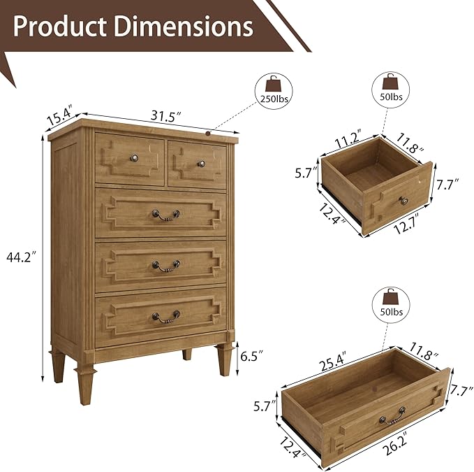 5 Drawer Dresser for Bedroom, 44" Tall Dresser & Chest of Drawers wtih Vintage Surface, Closet Storage Cabinet for Living Room, Hallway, Natural Oak