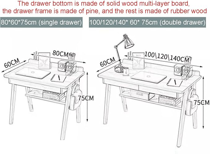Solid Wood Writing Desk, Home Office Desk Workstation with Drawers and Hook, Mid-Century Modern Computer Work Study Table with Storage Shelf for Small Spaces(120x60x75cm(47x24x30inch), Walnut)
