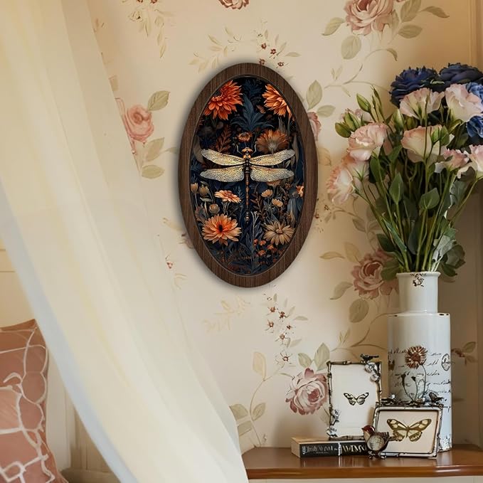UYIKG Vintage Dragonfly Wall Art Decor,William Morris Dragonfly Floral Oval Wall Decor, Cottagecore Wooden Framed Wall Decorations for Theme Room Home Bedroom Living Room 9x14.6 in