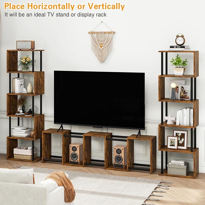 IBUYKE 6-Tier Tall Bookshelf,S-Shaped Geometric Bookcase, Wood Display Shelves with Storage,Industrial Bookshelf for Living Room Bedroom, Home Office, Rustic Brown WBC016H