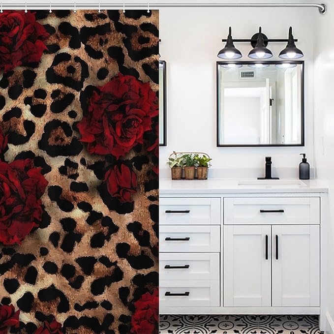 Leopard Rose Flower Shower Curtain Brown Wild Animal Skin Print Cute Red Rose Floral Valentine's Day Creative Modern Art Waterproof Shower Curtains for Bathroom Decor 12 Pack Hooks 72x72in (183x183cm)
