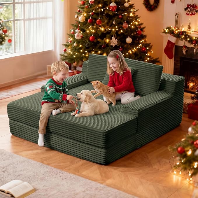 59 Inch Boneless Chaise Lounge Chair Indoor - Oversized Corduroy Upholstered Sleeper Sofa Bed Reading Chair, Cozy Cloud-like Boneless Loveseat Couch for Living Room, No Assembly Required,Green