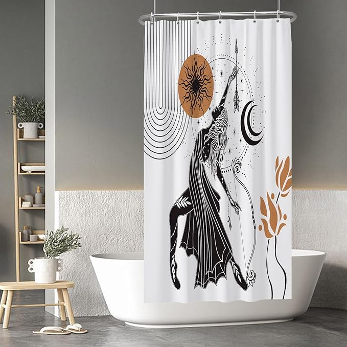 Baocicco Boho Shower Curtain Sun Moon Women Bow and Arrow Plants Modern Geometric Shower Curtains Decorative for Bathroom Waterproof Fabric Shower Curtain with Hooks 36x72 Inches