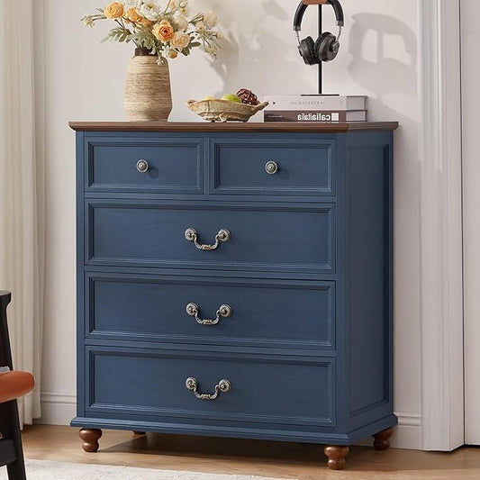 Farmhouse 5 Drawer Dresser for Bedroom, 35" Tall Rustic Chests of Drawers w/ 4 Solid Wood Feet, Mid Century Modern Wooden Closet Storage Dressers Organizer for Living Room, Hallway,Blue