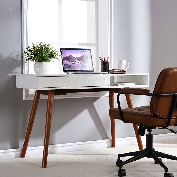 GarveeHome 42 in Mid Century Home Office Writing Desk, Modern Simple Computer Desk with Drawer and Open Storage Cubby, Small Vanity Table Desk for Bedroom, White