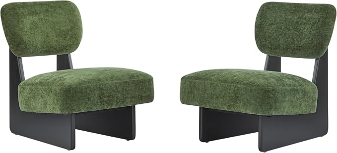 Accent Chairs Set of 2, Mid-Century Modern Chair with Polyester Upholstery, Wood Base with Walnut Finish, Minimalist and Stylish Accent Seating for Living Room, Bedroom, Balcony (Black+Green)