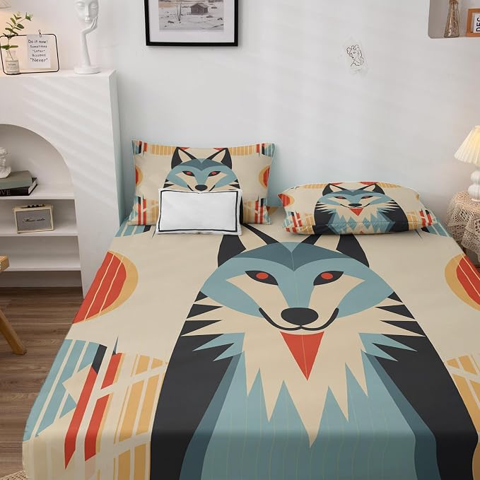 Geometric Wolf Sheets Cal King Size, Mid Century Modern Bed Sheet Set, Abstract Wildlife Bedding Sheet Sets 4 Piece, Soft Microfiber Deep Pocket Fitted Sheet & Flat Sheet & 2 Pillowcases