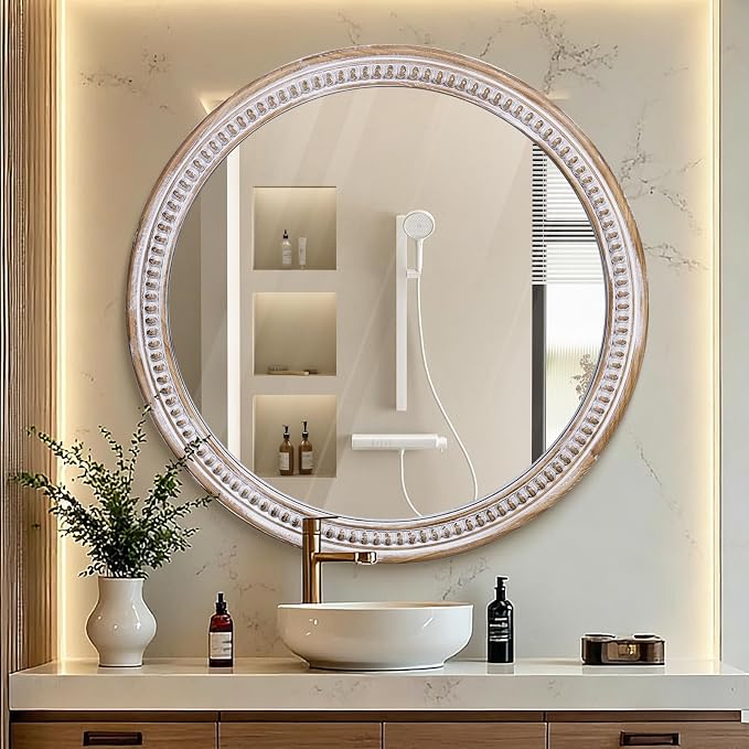 HOITUZYUS 30 Inch Farmhouse Round Wall Mirrors with Rustic Wooden Frame – Large Boho Decorative Circle Mirror for Bathroom, Living Room, Entryway & Foyer