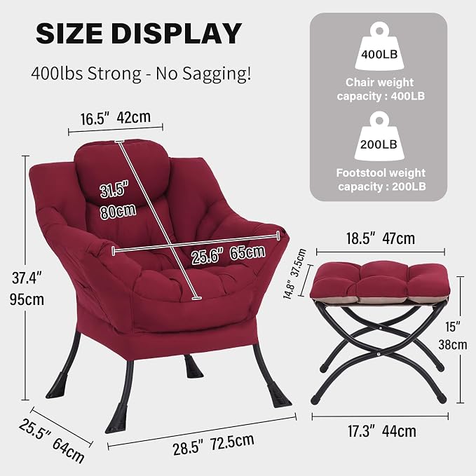 Tiita Lazy Chair with Ottoman, Red Modern Large Accent Chair, Comfy Leisure Sofa Armchair with Ottoman, Reading Chair with Footrest for Bedroom, Living Room, Dorm Rooms, Wine red