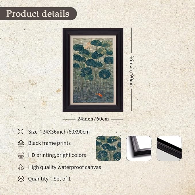 Vintage Framed Lotus And Koi Canvas Poster Japanese Floral Botanical Pond Wall Art Retro Oriental Asian Prints Decor for Bedroom Zen Meditation Room Home 24x36 inch