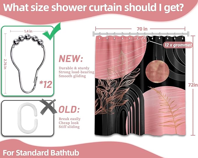 Black and Pink Shower Curtain Boho Mid Century Dark Pink and Gray Shower Curtains for Bathroom Decor, Waterproof Cloth Fabric with Hooks, 70" W x 72" L
