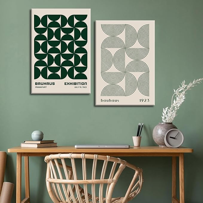 2Pcs Bauhaus Mid Century Modern Wall Art Retro Exhibition Posters Prints Green Boho Geometric Abstract Minimalist Wall Decor Pictures for Bedroom iving Room Dining Room Framed (Green, 16x24in Framed)