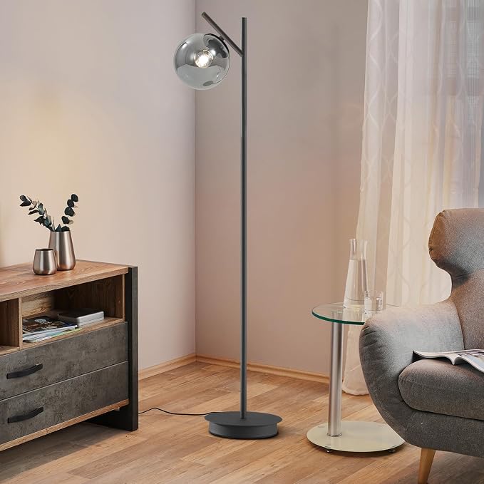 Mid Century Floor Lamp for Living Room Moderm Tall Standing Lamp with Frosted Glass Globe Shades Contemporary Brass Freestanding Lamp for Office Bedroom (Black-Smoky Gray)