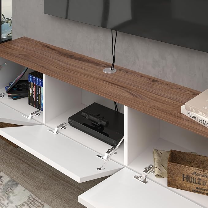 Floating TV Stand Glossy White for 65-80 Inch TV, 63" Wall Mounted TV Stand with Storage, White and Wood Floating Entertainment Center with Cable Management, Floating Media Console for Living Room