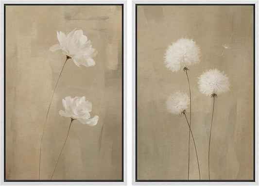IDEA4WALL Framed Canvas Print Wall Art Set Neutral Floral with White Flowers and Dandelions Illustrations Modern Art Decorative Bohemian Calm/Zen for Living Room, Bedroom, Office - 16"x24"x2 White
