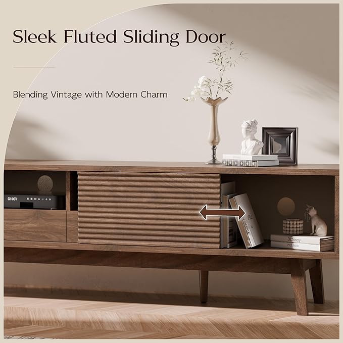TOLEAD 70" TV Console with Fluted Sliding Doors, Mid Century Modern TV Stand for 55/65/75 Inch TV, Low Profile, Boho Media Console Credenza for Living Room, Walnut