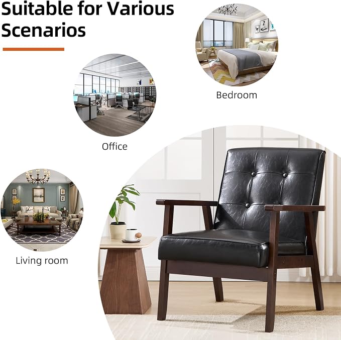 IOMOR Accent Chair Mid Century Modern Chair for Living Room, Comfy Faux Leather Armchair with Solid Wood Frame Soft Thick Padded, Side Chairs Easy Assembly (Black)