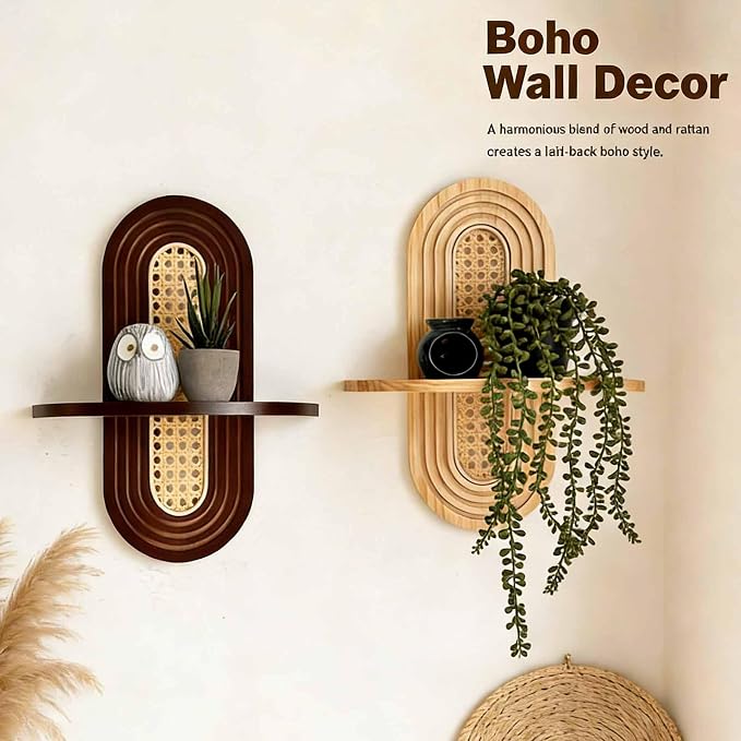 1pc Mid-Century Modern Wall Shelf - Arched Wood & Woven PE Rattan Boho Decorative Floating Shelf, Vintage Aesthetic Decor for Living Room, Bedroom, Kitchen & Home Office (Natural)