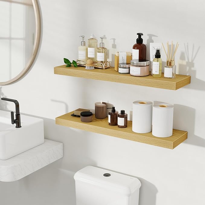 Fun Memories Rustic Wood Floating Shelves for Wall, Space-Saving Wall Mounted Shelves for Bathroom, Bedroom, Living Room and Kitchen, Stylish Storage & Display (Set of 2, Oak, 30 in)