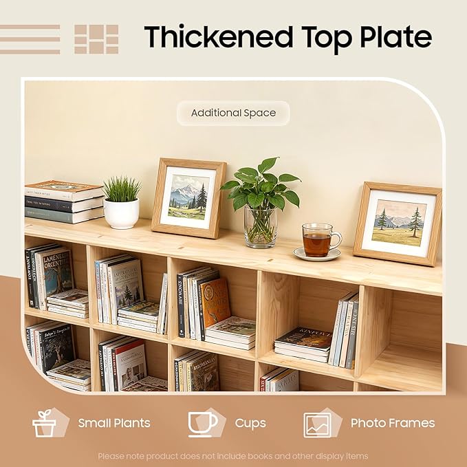 15-Cube Pine Wood Storage Organizer, Solid Wooden Bookshelf with Back Panel, 11in Shelf Opening Bookcase, Freestanding for Living Room, Bedroom, Office (59.1 x 11.8 x 35.4in)