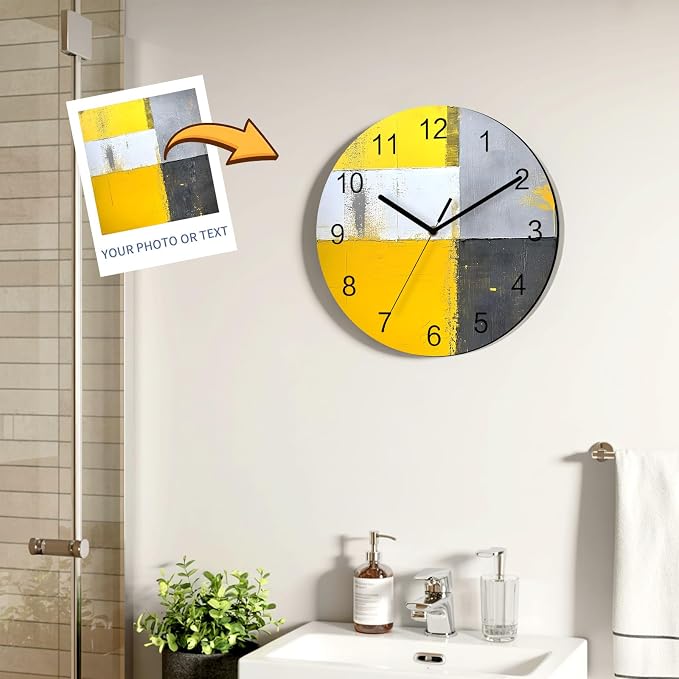 Abstract Style Wall Clock Battery Operated Non-Ticking 12" Round Wood Clocks, Yellow Gary Color Block Oil Painting Kitchen Wall Clock for School Bathroom Living Room Home Office Wall Decor