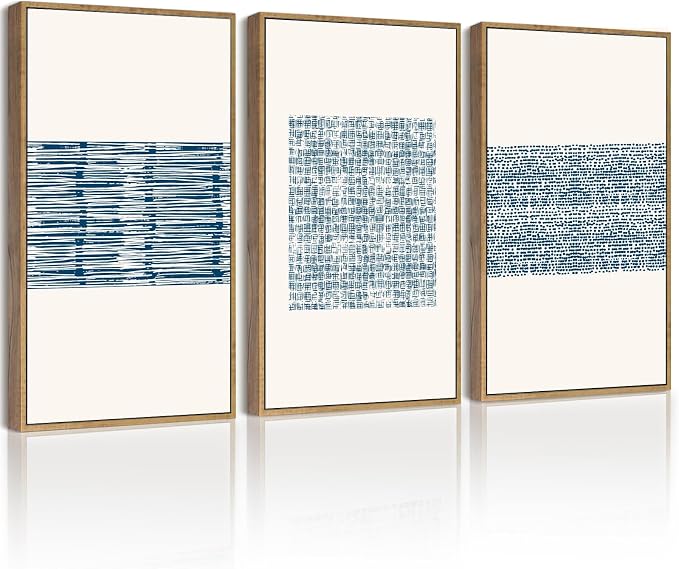 PHOPAGO 16x24in Large Blue Abstract Framed Wall Art Modern Boho Neutral Line Wall Decor Minimalist Geometric Artwork Bedroom Living Room Natural Framed