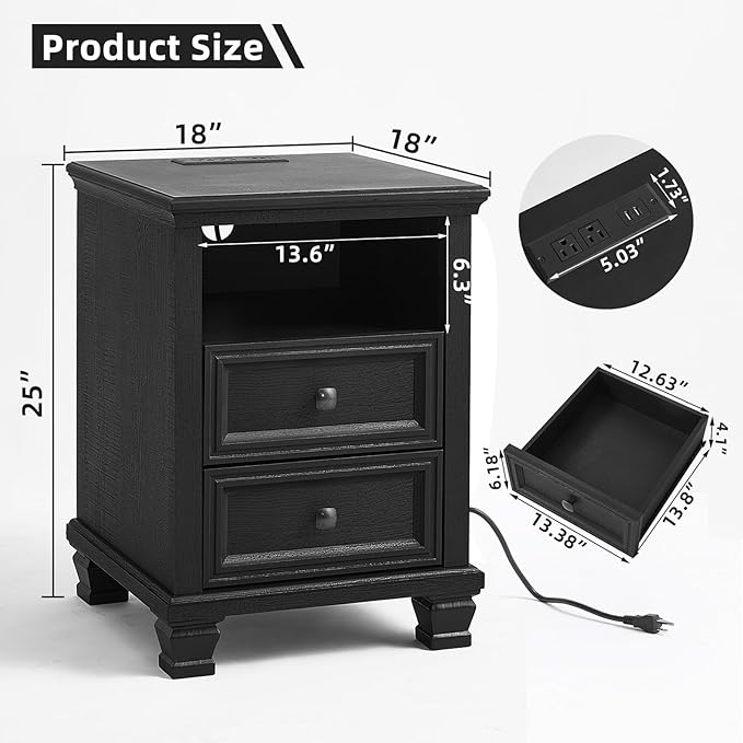 Farmhouse Side Table with Charging Station, Rustic Black Nightstand with Drawers, Bedside Table with Open Shelf for Bedroom, Black