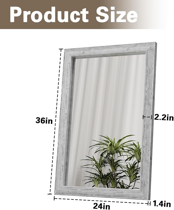 ULIKE Wood Mirror for Bathroom, Farmhouse Mirror with Rustic Frame, 24x36 Inch White Vanity Mirrors for Wall Decor of Bedroom or Living Room, Vertical or Horizontal Hanging, Rectangle