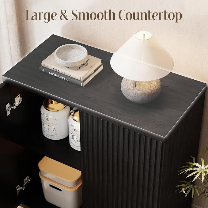 Fluted Buffet Cabinet Sideboard with Storage,Wooden Credenza with 2 Doors&Adjustable Shelve, Modern Accent Cabinets Coffee Bar Bookcase for Living Room,Kitchen Dining Room Entryway 15"D Black