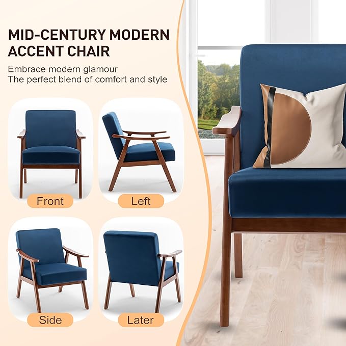 Furnimart Bule Velvet Accent Chair, Mid Century Modern Living Room Chair with Wood Frame, Comfy Armchair Wingback Chair for Office Study Vanity Bedroom Waiting Room