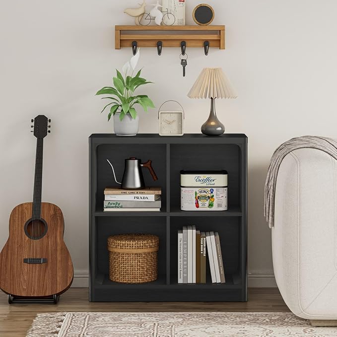 FATORRI 4 Cube Storage Bookcase, Rustic Wood Cube Bookcase Shelf Organizer, Small Storage Bookshelf for Living Room, Bedroom, Office (Black, 29.53" W)