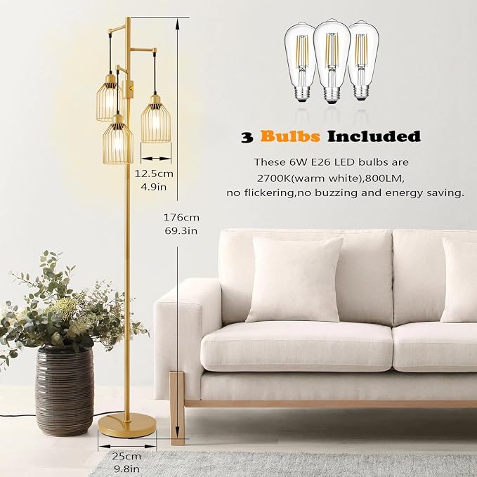 Dimmable Industrial Floor Lamp with 3 Cage Heads, 68.5" Gold Tree Standing Lamp with Stepless Dimming, Modern Farmhouse Tall Pole Light for Living Room, Bedroom, Office, E26 Base (Bulbs Included)