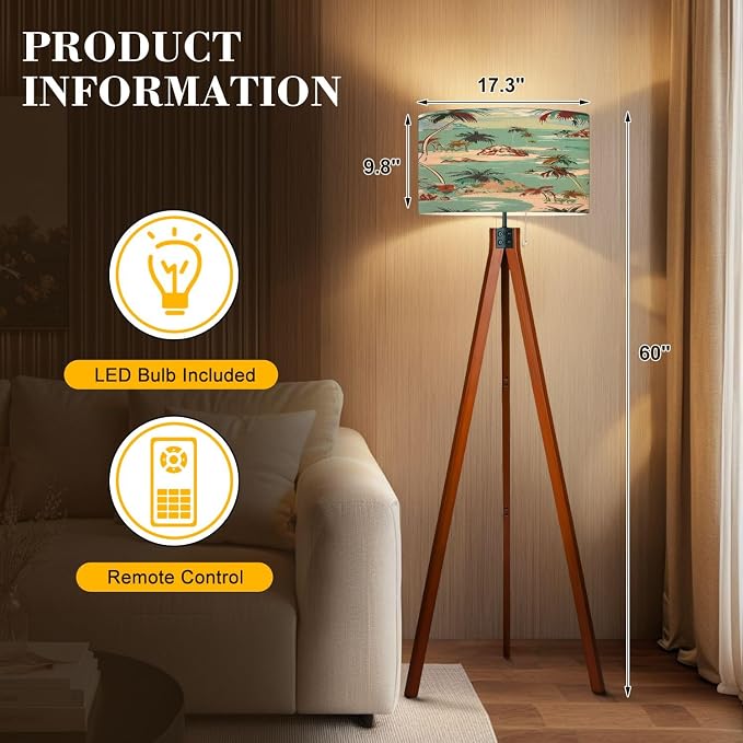 Wood Tripod Floor Lamp Bright summer hawaii seamless island pattern Landscape palm trees Mid Century Standing Lamp Linen Shade Dimmable Modern Tall lamp Home Decor for Living Room Bedroom Office