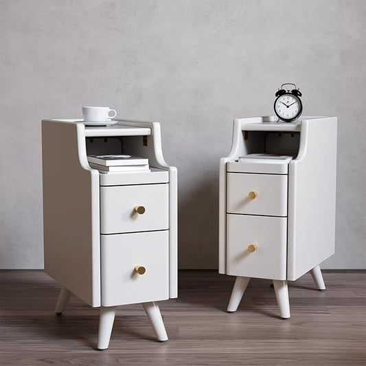 AQIMUELE Narrow Nightstand with Drawers, Wood Bedside Table, Small White Nightstand Set of 2