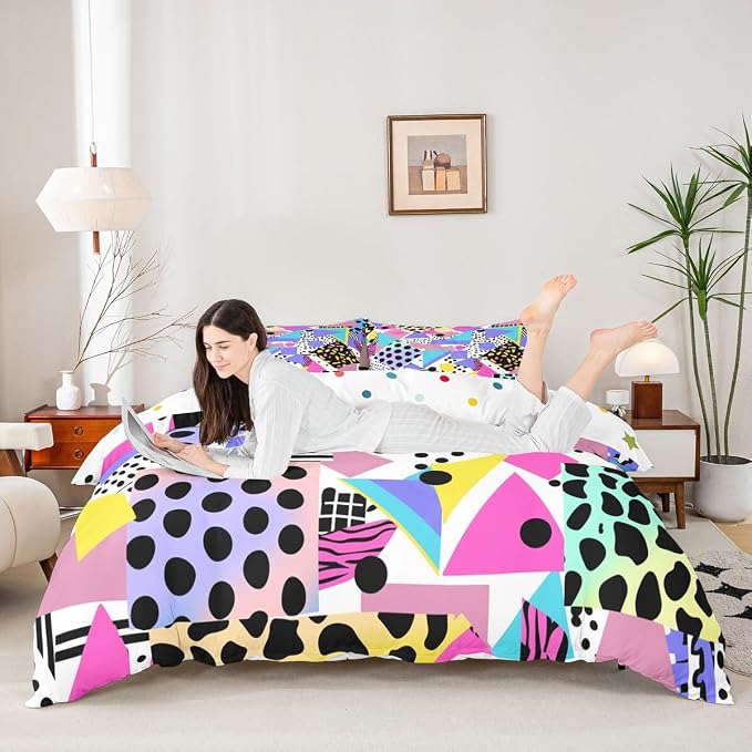 Mens Boys Retro 80s 90s Memphis Comforter Cover Set Full Size,Geometric Round Triangle Shapes Artwork Duvet Cover Colorful Graphic 80s 90S Style Bedding Set Abstract 1990s Memphis Home Decor