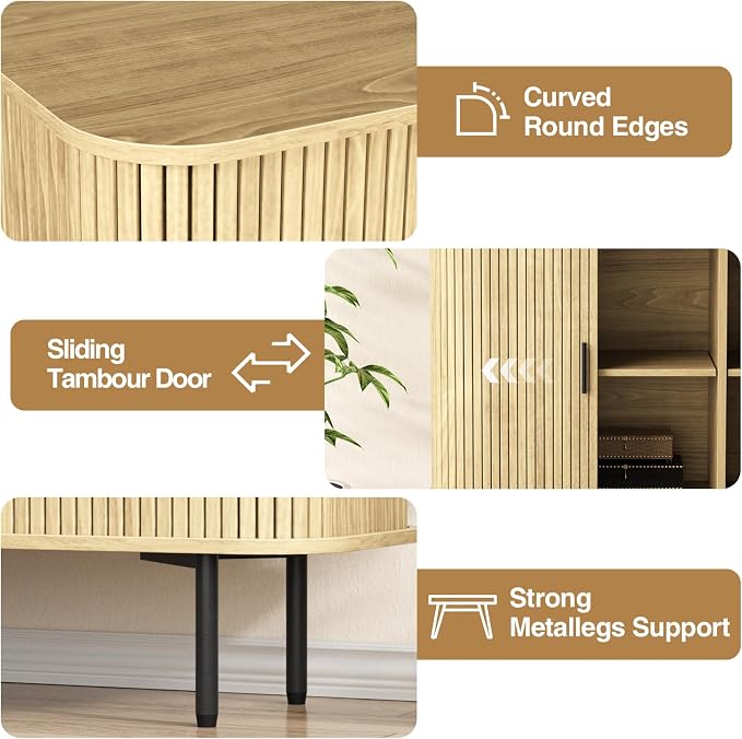 Vabches 47''W x 32''H Storage Cabinet, Fluted Sideboard Buffet Accent Cabinet with Storage, Console Table Credenza with Tambour Slatted Sliding Doors and Shelves for Living Room, Kitchen, Natural