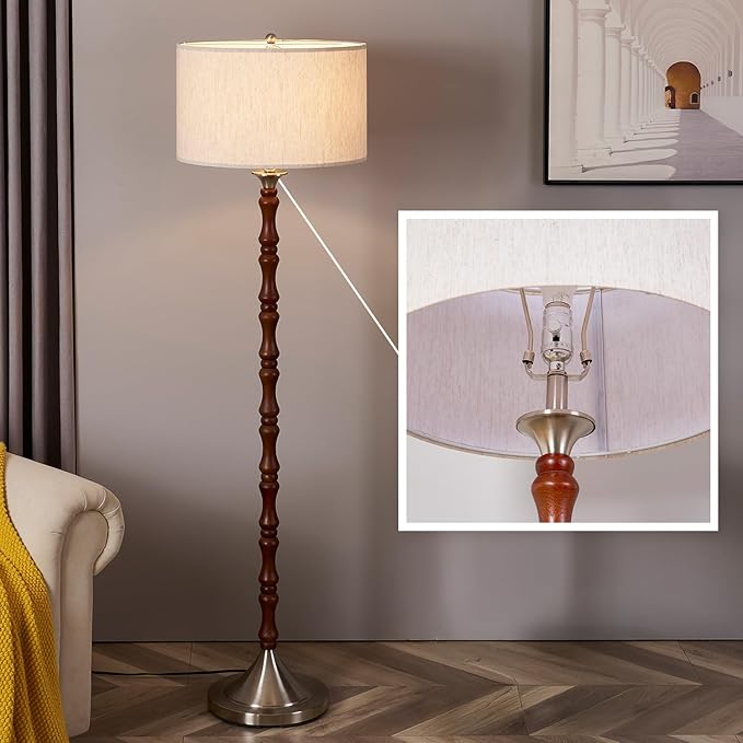 LED Floor Lamp, Mid Century Lamp with Drum Shade, Great Living Room Décor, Rustic Retro Tall Lamp, Modern Standing Lamp for Bedroom and Office, Adjustable Lighting, Walnut Wood Finish