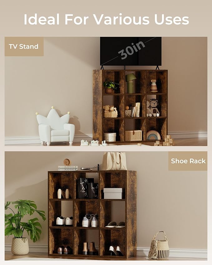 GTPLAYER 9-Cube Storage Organizer, Fits 11" Bins, Vertical or Horizontal Use, Opening Bookshelf, Partial Back Panels, Stackable Design Bookcase, for Living Room, Media Console, Hallway, Rustic Brown