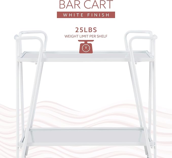 Linon Gina White Mid-Century Bar Cart with Mirrored Shelves and Locking Wheels