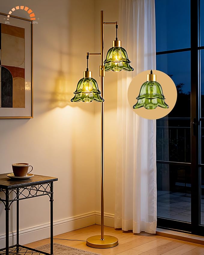 2-Light Modern Glass Floor Lamp, Gold Tall Standing Lamp with Green Tulip Glass Shade for Reading, Dimmable LED Floor Lamp with Rotary Switch for Living Room Bedroom Home Decor, Bulb Included