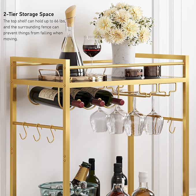 TUTOTAK Bar Cart, Serving Cart for Home, Drink Cart, Mobile Kitchen Shelf with Wine Rack and Glass Holder, Rolling Beverage Cart, Gold BC01BB031