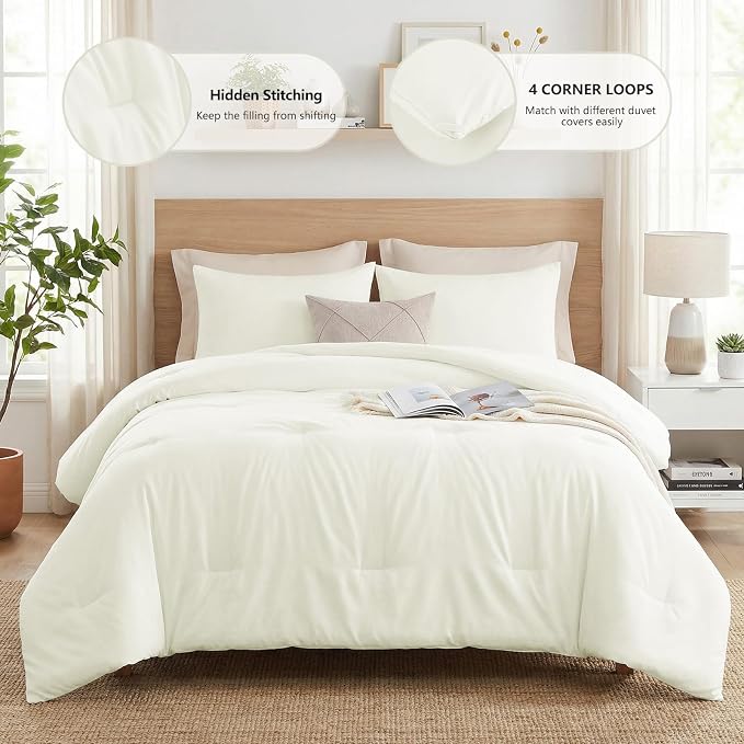 CozyLux Full Size Comforter Set Ivory, 3 Pieces Lightweight Down Alternative Quilted Bedding Sets, All Season Soft Breathable Solid Comforter with 2 Pillowcases, Luxury Bed Set Gift for Home