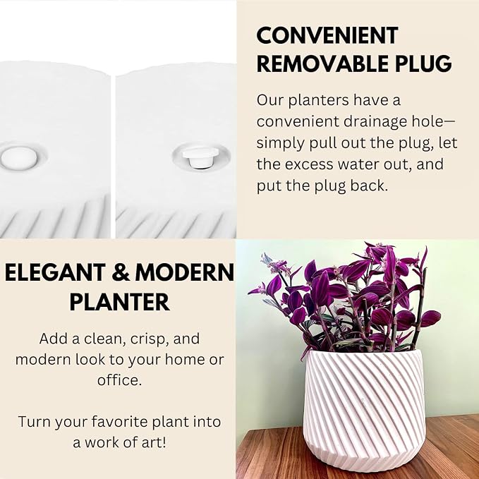 Fox & Fern Large Indoor Planter, Modern Large Plant Pot for Indoor or Outdoor, UV and Frost Resistant - 8 Inch, Polystone, Matte White Flower Pot with Drainage Plug, 3D Printed Design