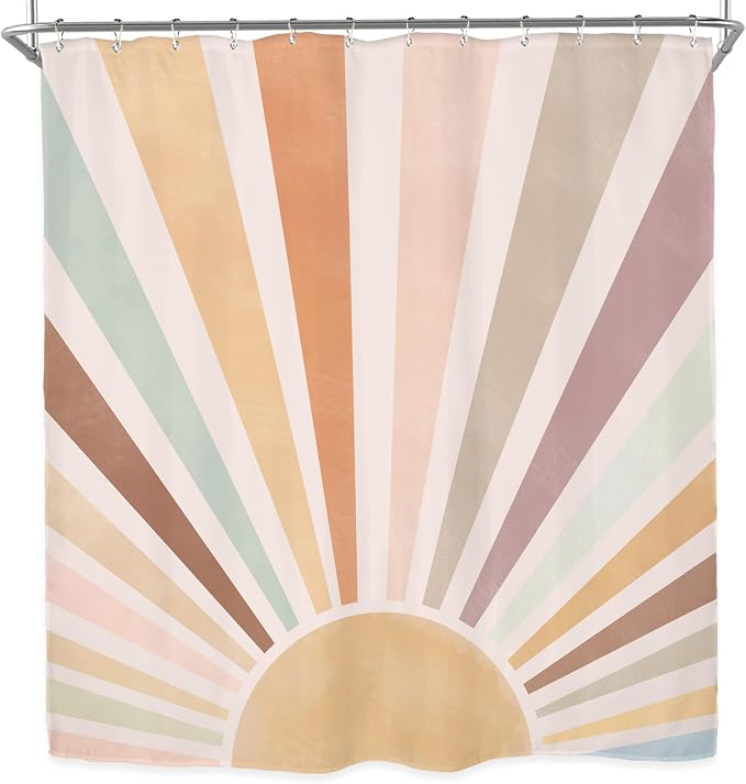 Miyotaa Pastel Sun Rainbow Retro Shower Curtain Set 60Wx71H Inches Minimalist Art Girls Abstract Colorful Aesthetic Vintage Polyester Waterproof Cloth Bathroom Curtain with 12 Hooks
