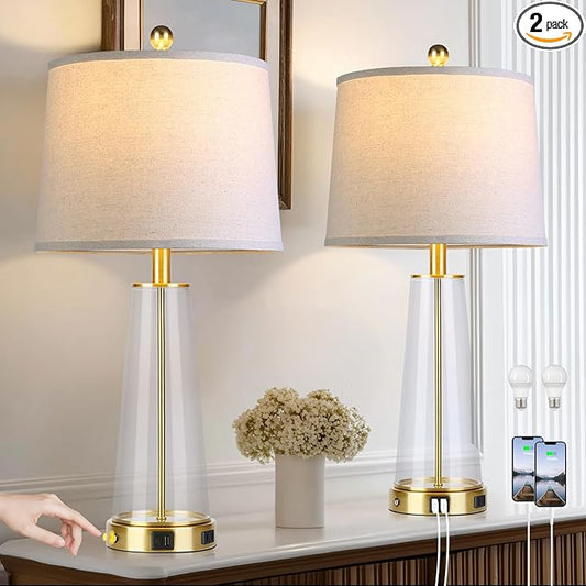 26" Glass Table Lamp Set of 2 with USB C+A Ports and AC Outlet, 3 Way Touch Modern Bedside Lamps for Night Stands, Gold Nightstand Lamps for Bedroom Living Room