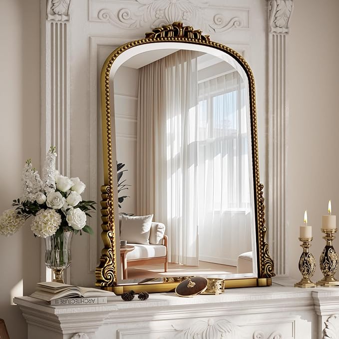 32x24 Beaded Arched Mirror, Bathroom Mirror for Over Sink, Metal Frame Wall Decor for Entryway, Bedroom, Living Room, Gold