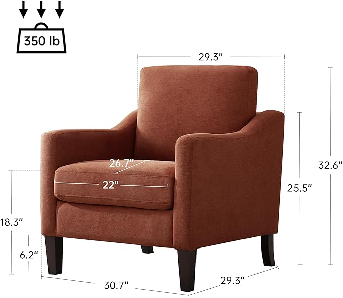 VKNOW Mid Century Modern Accent Chair, Upholstered Living Room Chairs Armchair for Bedroom, Comfy Reading Accent Chairs with Wood Legs for Living Room (1, Orange)