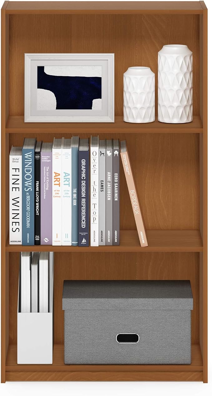 Furinno BASIC Book Shelf, 3-Tier Modern Bookshelf, Bookcase with Open Shelves, 9.3" x 21.8" x 39.5", for Living Room, Bedroom, Home Office, Light Cherry