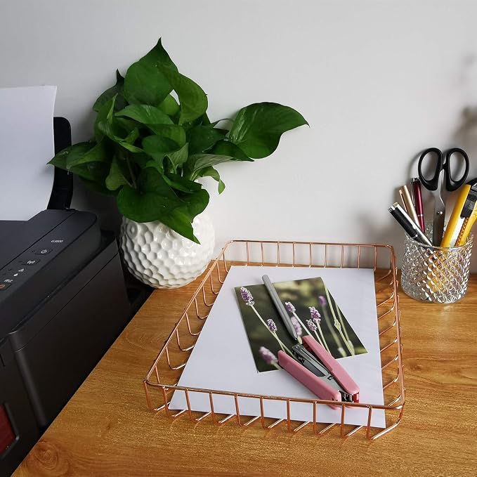 Desk Tray, Wire Metal Letter File Tray Organizer, Size 12.2”x9.5”x1.9”, Rose Gold